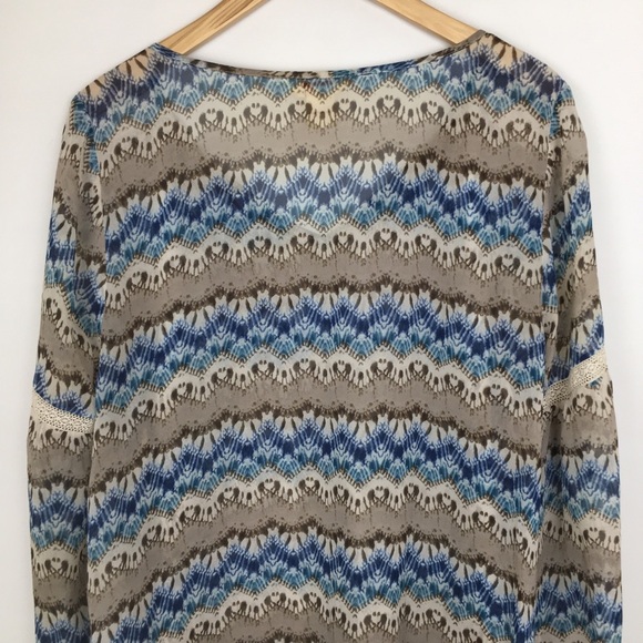 Sundance Women’s Silk Semi Sheer Boho Tunic Top Balloon Sleeve Blue Gray Blouse - Picture 10 of 13